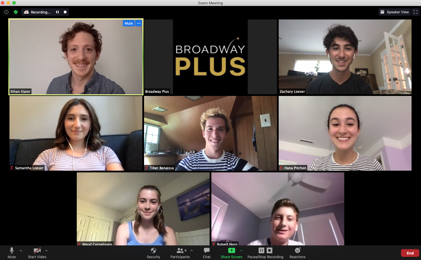 A video chat screen with the logo and pictures of a Broadway star and kids all in a chat