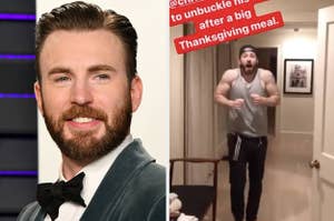 Side by side of Chris Evans in a suit and in a t-shirt