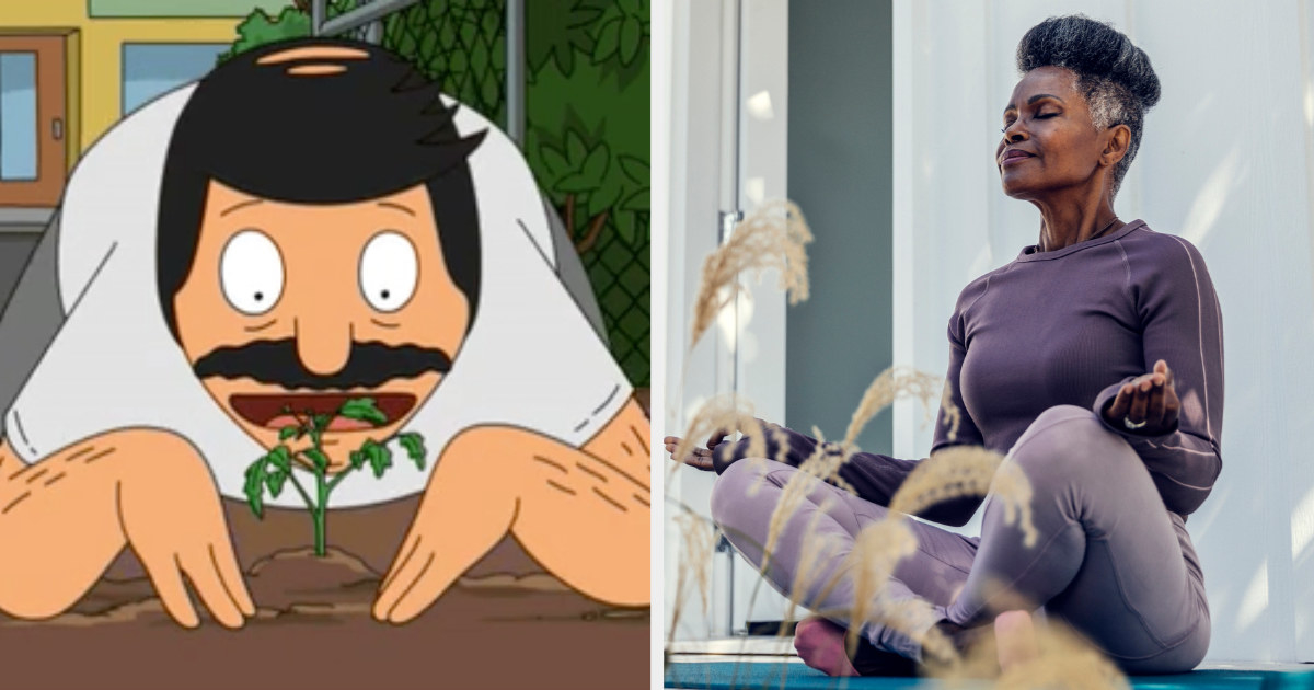 Bob from &quot;Bob&#x27;s Burgers&quot; planting in a garden; an older woman peacefully meditating outside