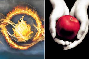 A flame filled eye next to pale hands holding an apple