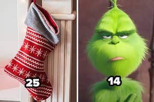 Christmas stocking with the number 25 and "The Grinch" with the number 14