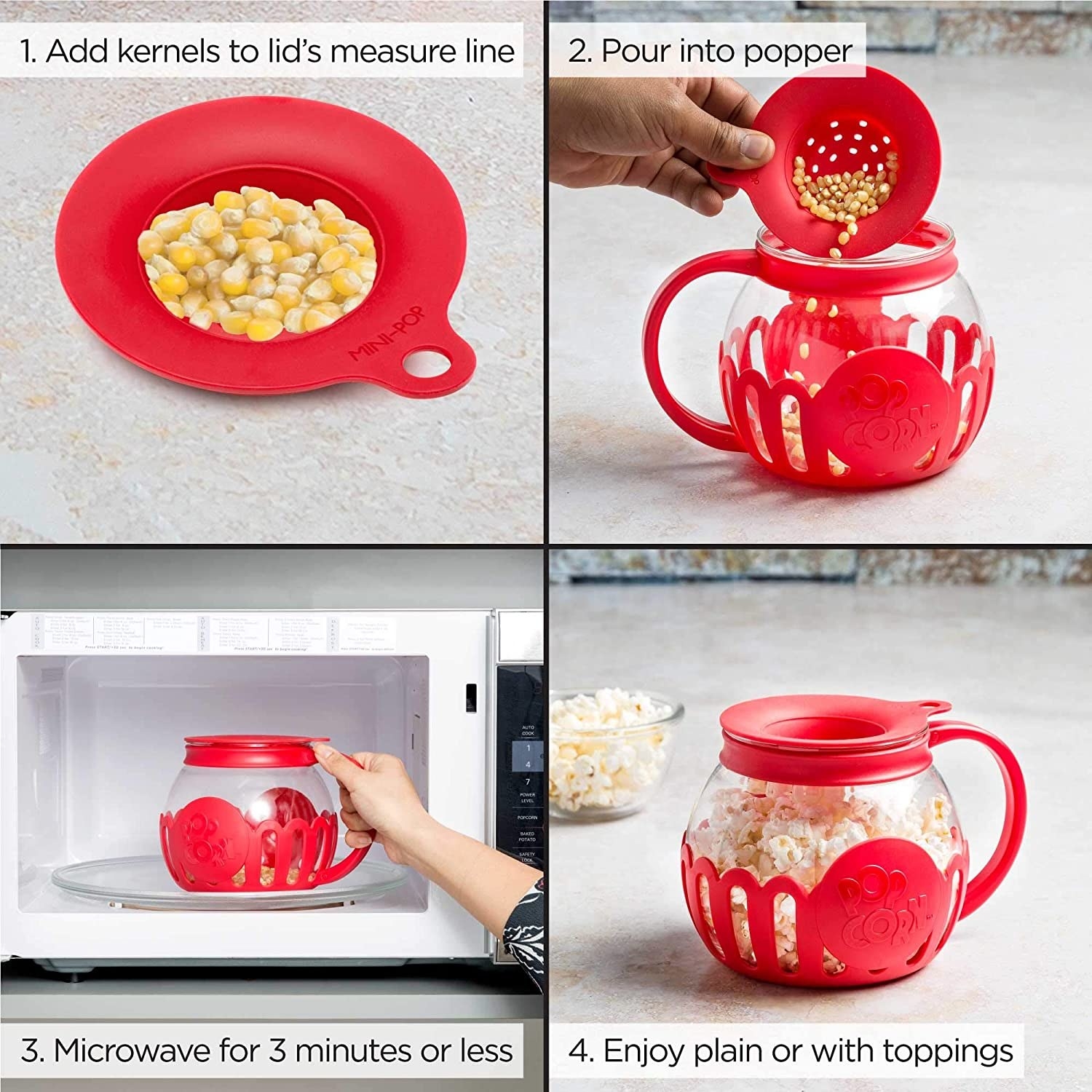 four steps of making popcorn, from adding kernels to pouring into popper to microwaving and enjoying