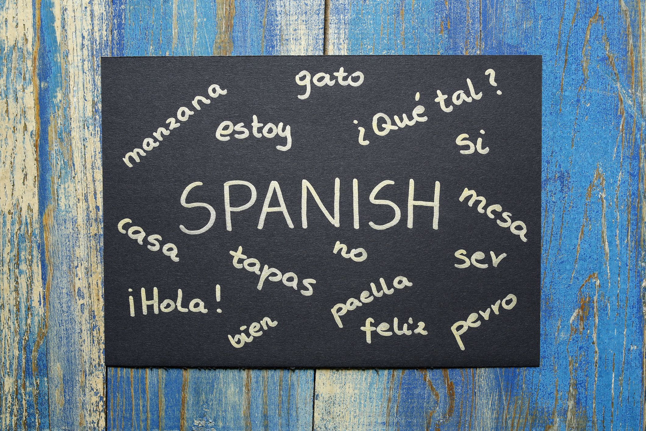 与各种各样的西班牙语单词写在黑板上,像“你好,““我,”;和“;perro"