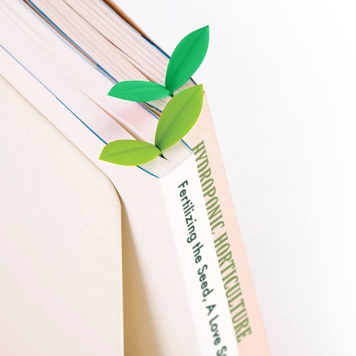 Two bookmarks in the shape of sprouts in between two books