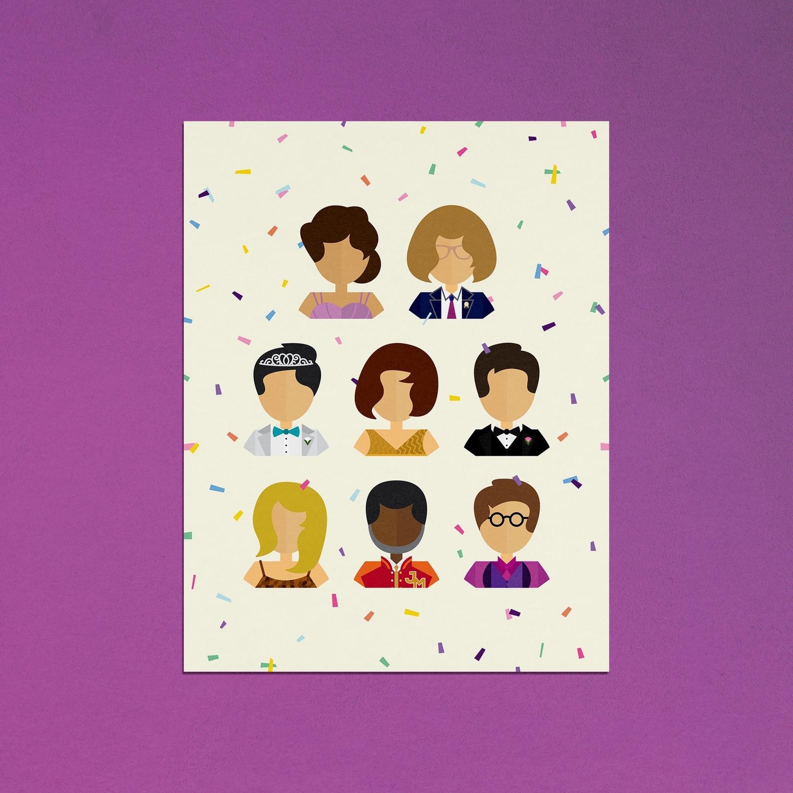 Rectangle print with confetti and illustrations of characters of the musical on it