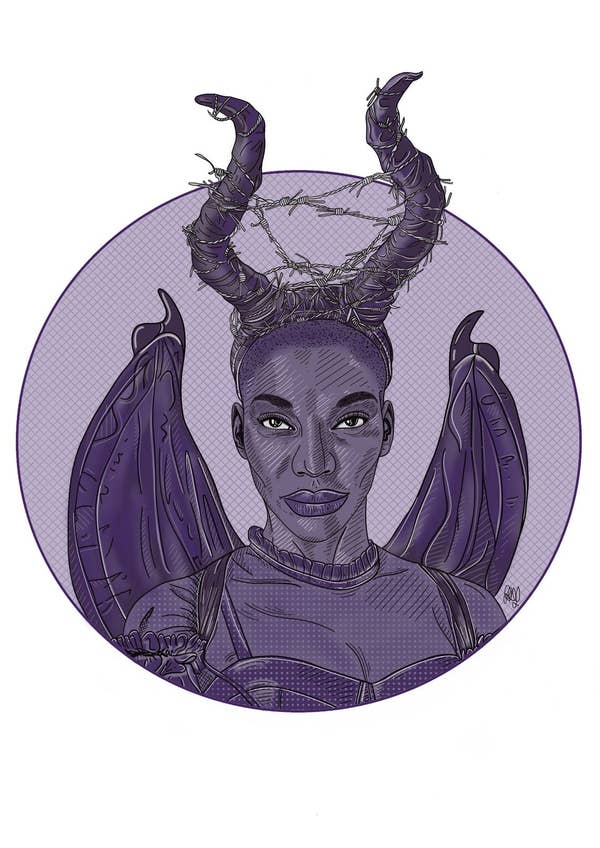 A hand drawn image of Arabella from I May Destroy You wearing devil horns and wings for Halloween
