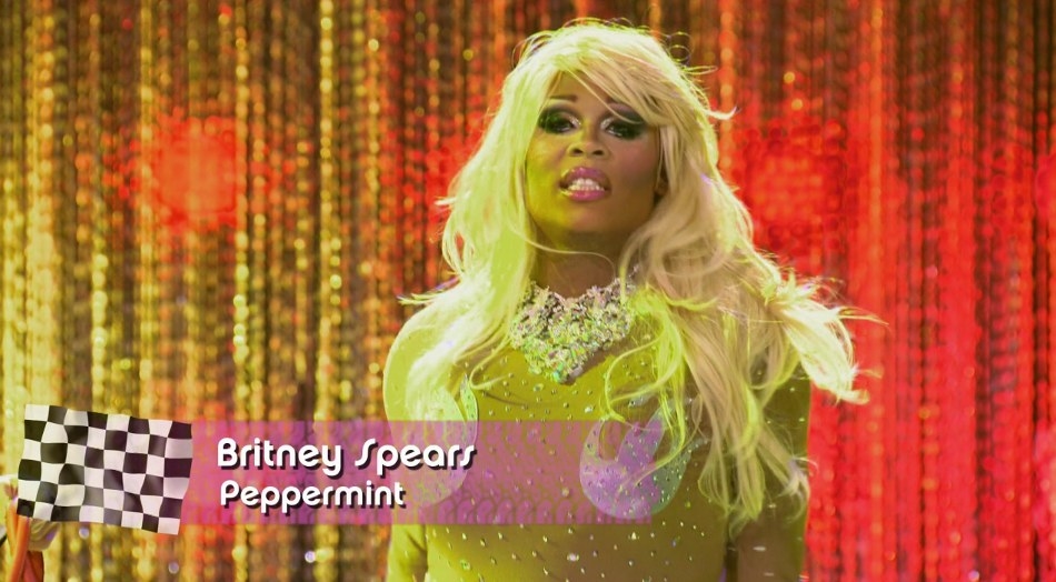 Drag queen Peppermint dressed as Britney Spears in her skin color rhinestone outfit