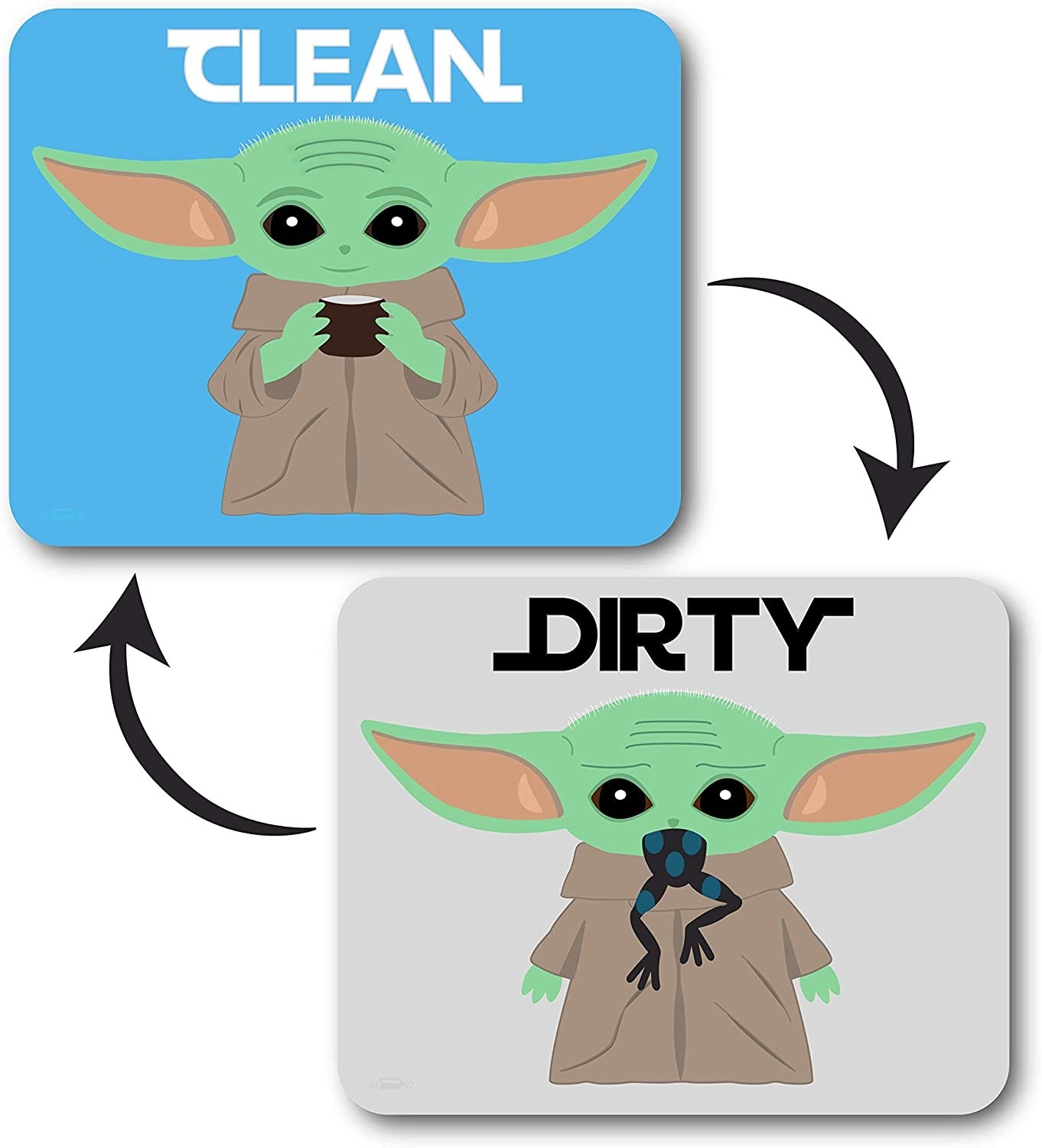 dirty side of the magnet with Baby Yoda eating a frog, clean side of Baby Yoda drinking soup