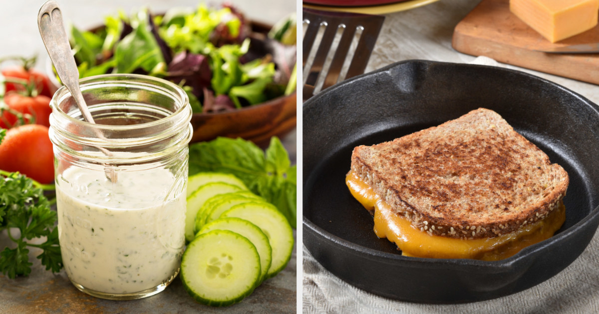 A mason jar of salad dressing; a grilled cheese being cooked in a cast-iron skillet