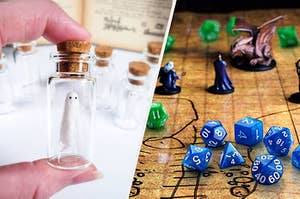 to the left: a mini ghost in a jar, to the right: dungeons and dragons dice