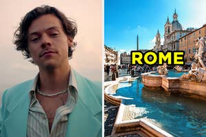 On the left, Harry Styles in the "Golden" music video, and on the right, Navona Square in Italy labeled "Rome"