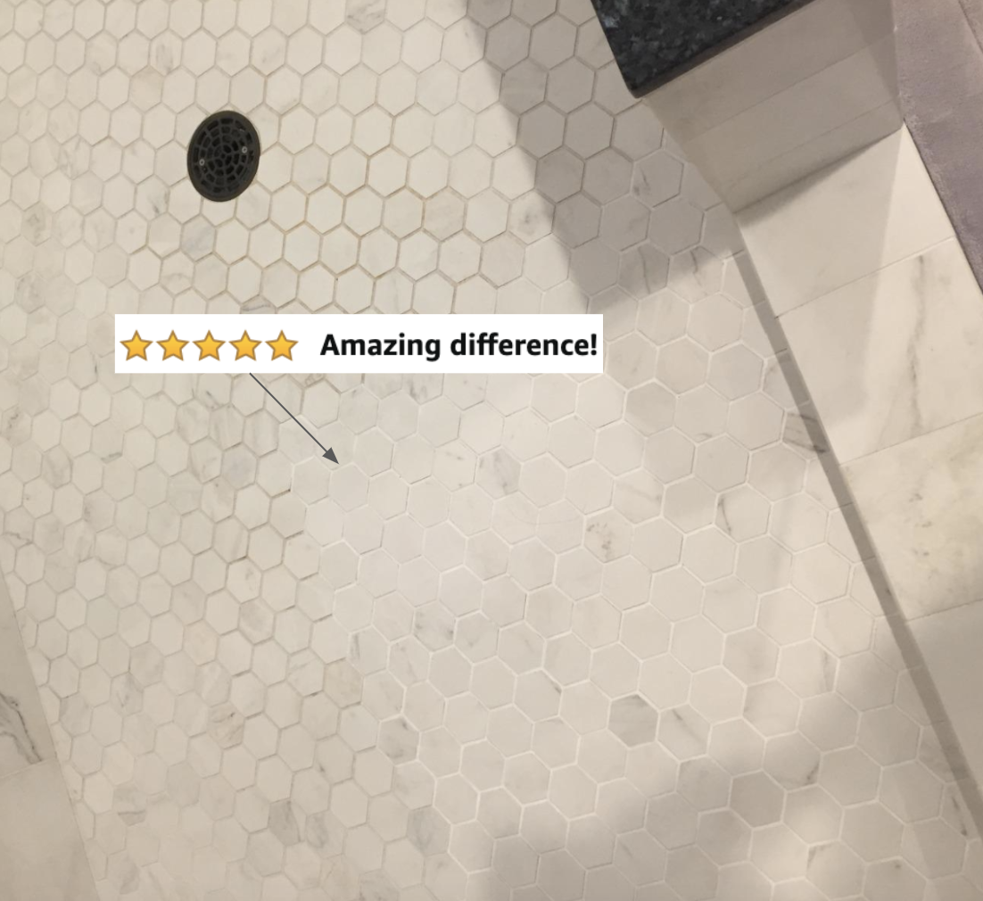 reviewer photo of grout looking clean on one side and dirty on the other