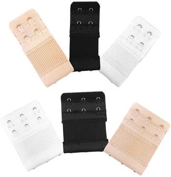The six bra extenders which come in white, nude, and black and with two or three hooks