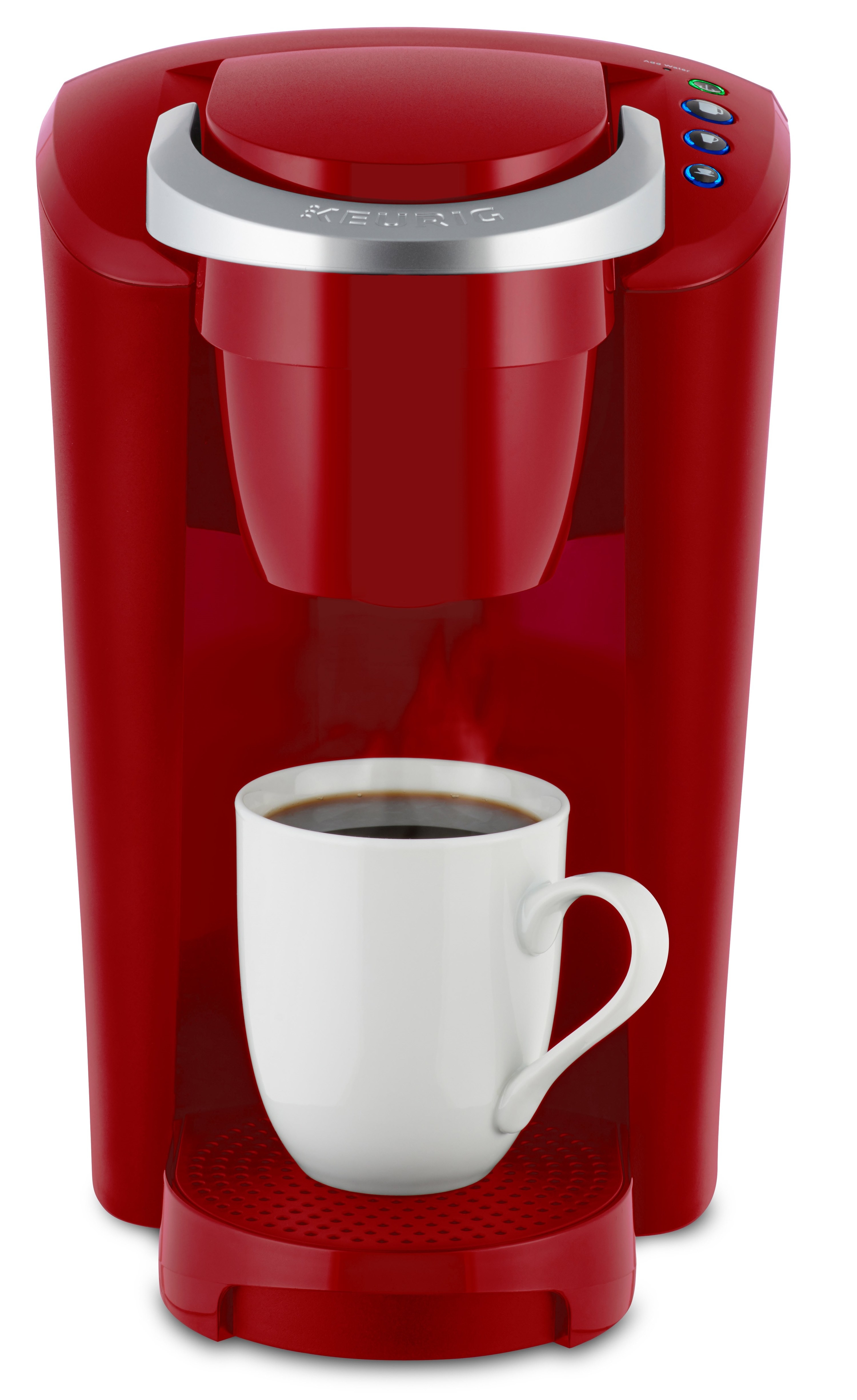 The red coffee maker and a white cup of coffee