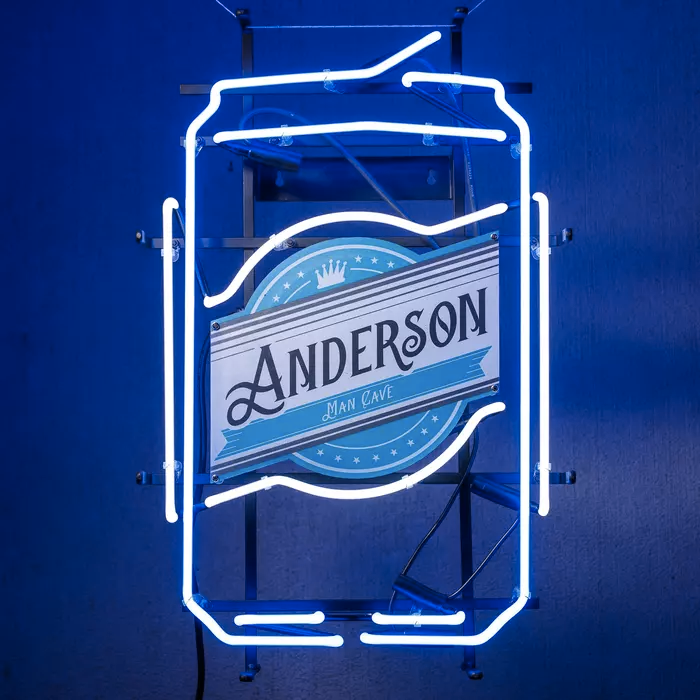 neon sign shaped like beer can that says anderson on the label with smaller text that says man crave below it 