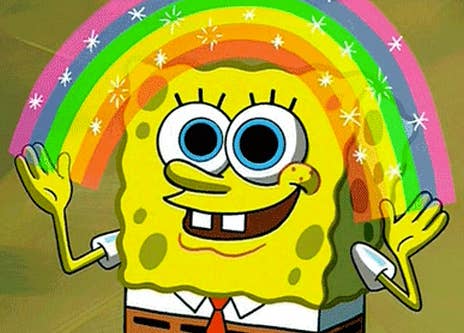 SpongeBob happily throwing a rainbow sign up