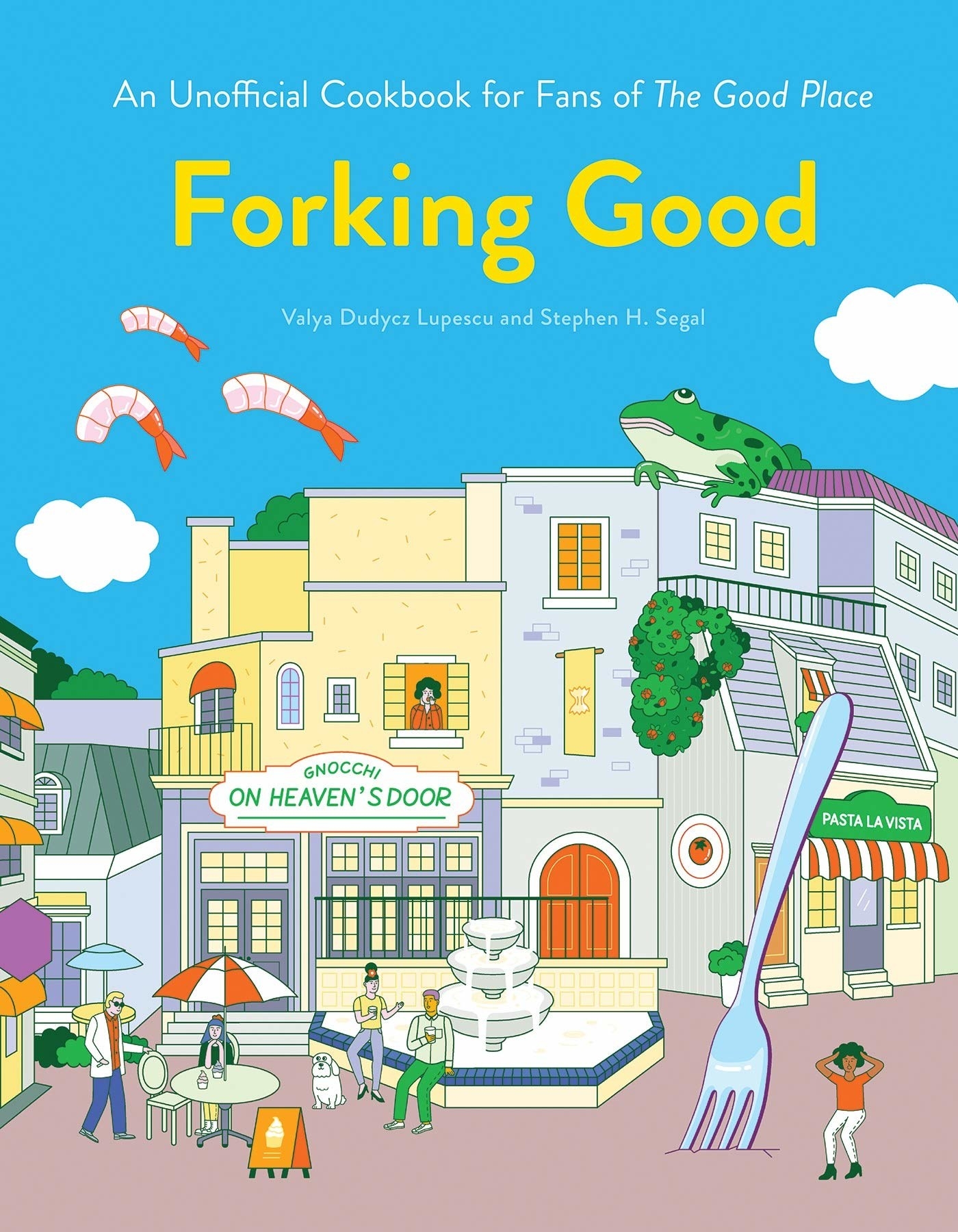 The book cover of a Good Place cookbook which is a cartoon-like drawing of the town square
