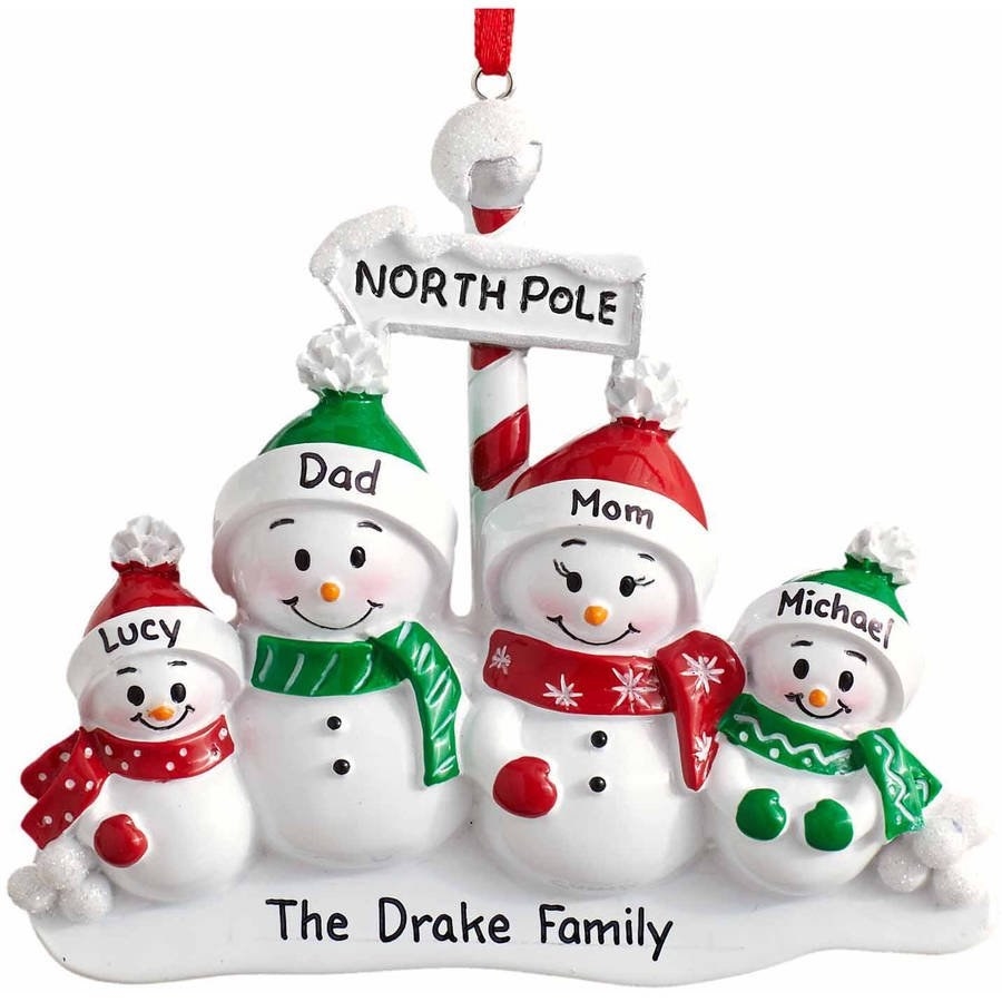 The personalized ornament with different snowmen for a family of four.