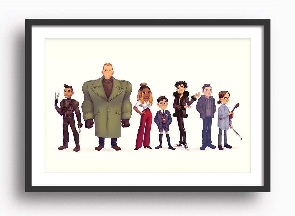 A cute watercolor illustration of the characters from Umbrella Academy standing in a line
