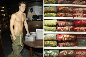 A shirtless man, and a wall of Abercrombie & Fitch sweatshirts