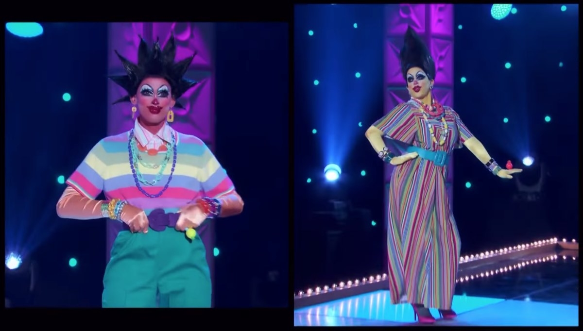 Drag queen Crystal Methyd and superfan Grace wearing drag style Bert and Ernie inspired outfits