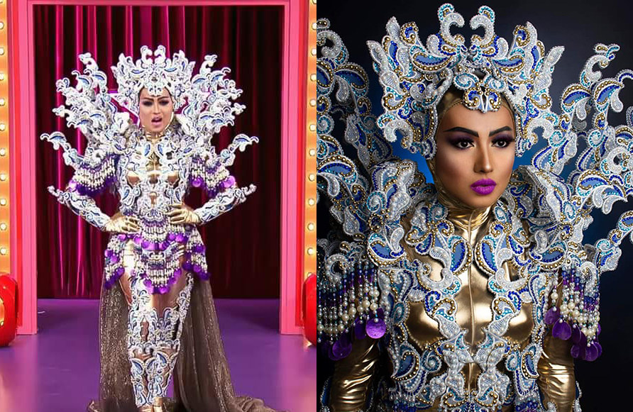 Drag queen Ongina wearing an ornate outfit inspired by traditional costumes from the Philippines