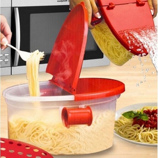 A microwave food cooker filled with pasta