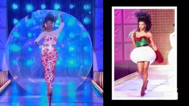 Drag queen Shangela wearing a red and white bubbly jumpsuit, walking inside a plastic bubble / A comparative shot of Shangela from Season 3 in a poorly constructed Christmas-themed outfit