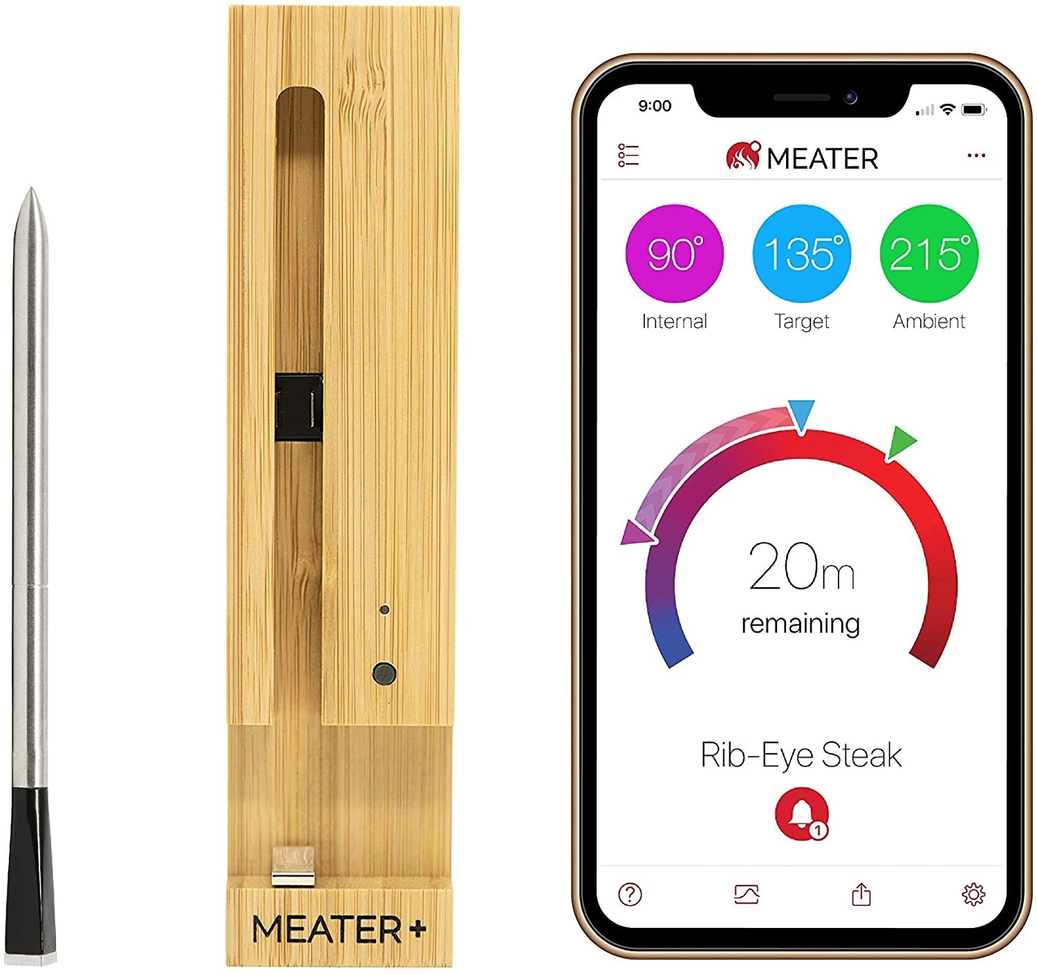 Meat thermometer, charging stand, and smartphone with accompanying app on screen