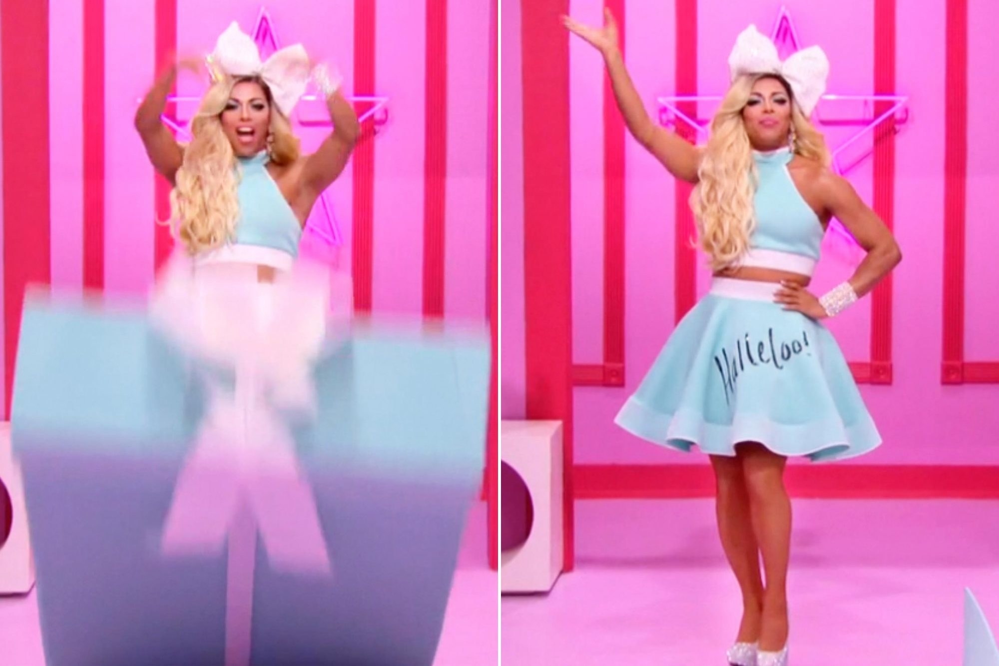 Drag queen Shangela emerges from a giant gift box wearing a turquoise top and poodle skirt with &quot;Halleloo!&quot; written on the skirt