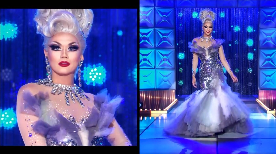Drag queen Manila Luzon wearing a silver gown with a frilly tulle fishtail skirt