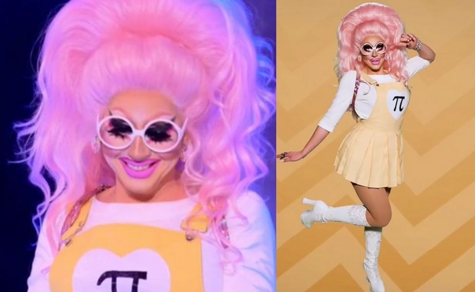 Drag queen Trixie Mattel wearing a pink wig, white glasses, white top, and yellow pinafore dress with pi symbol