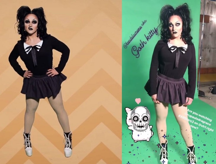 Drag queen BenDeLaCreme wearing a black top and grey mini skirt with a black wig and goth makeup