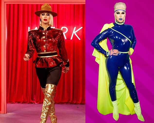 Drag queen Brooke Lynn Hytes wearing a glittery tailored version of a Canadian Mountie outfit / Drag queen Brooke Lynn Hytes wearing a blue vinyl bodysuit with neon yellow cape and accessories