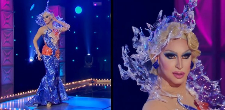 Drag queen Brooke Lynn Hytes wearing a blue and orange gown with moulded plastic to look like water