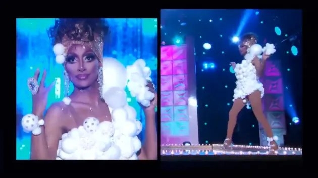Drag queen Jaida Essence Hall wearing a mini dress made of white balls to look like soap suds