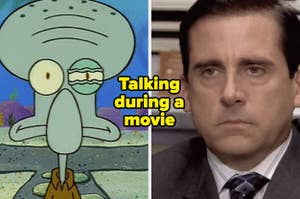 Squidward's eye twitches in the show "Spongebob Squarepants" and Steve Carell as Michael Scott in the show "The Office."