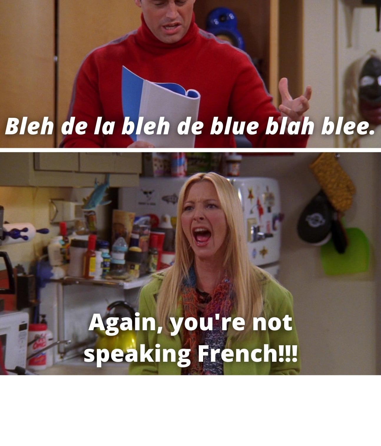 Joey saying, &quot;Bleh de la bleh de blue blah blee,&quot; and Phoebe saying, &quot;Again, you&#x27;re not speaking French&quot;