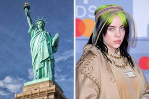 On the left, the Statue of Liberty, and on the right, Billie Eilish