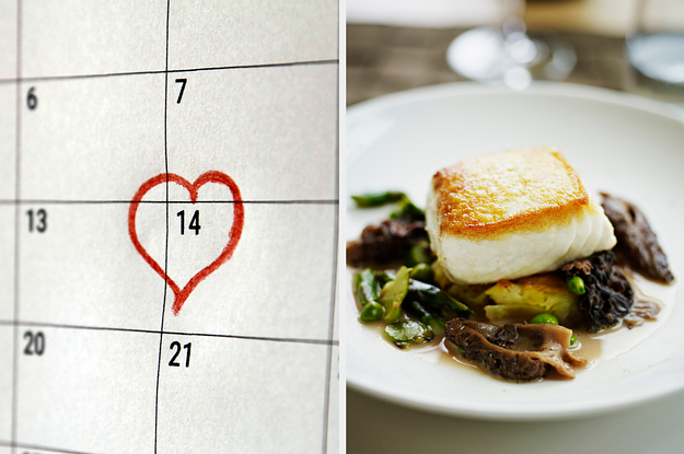 On the left, 14 on a calendar circled with a heart, and on the right, a fish on top of some roasted veggies