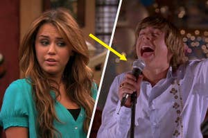 Miley Stewart from Hannah Montana on the left and Troy Bolton from High School Musical singing on the right