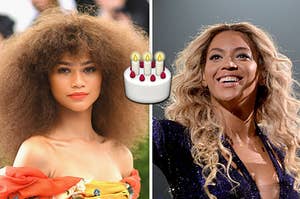 Zendaya on the left and Beyonce on the right with a birthday cake emoji in between them 