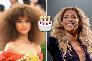 Zendaya on the left and Beyonce on the right with a birthday cake emoji in between them 