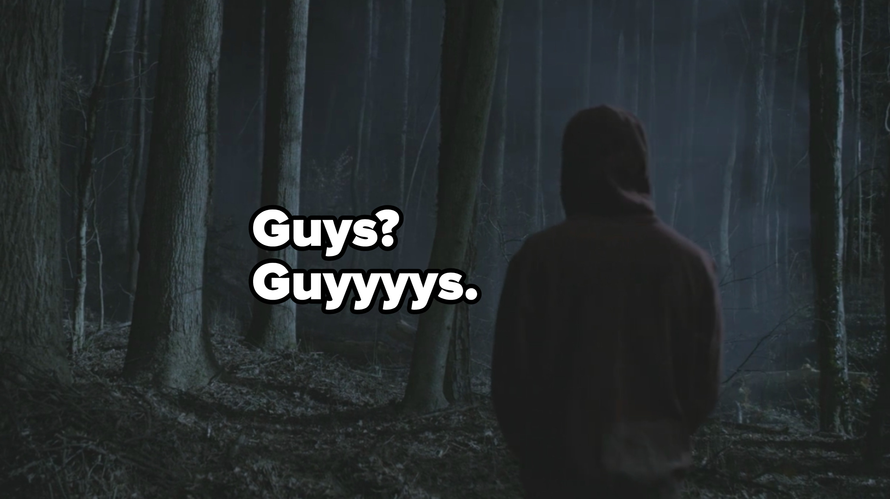 Scott standing in dark woods alone, captioned, &quot;Guys? Guyyyyys&quot;