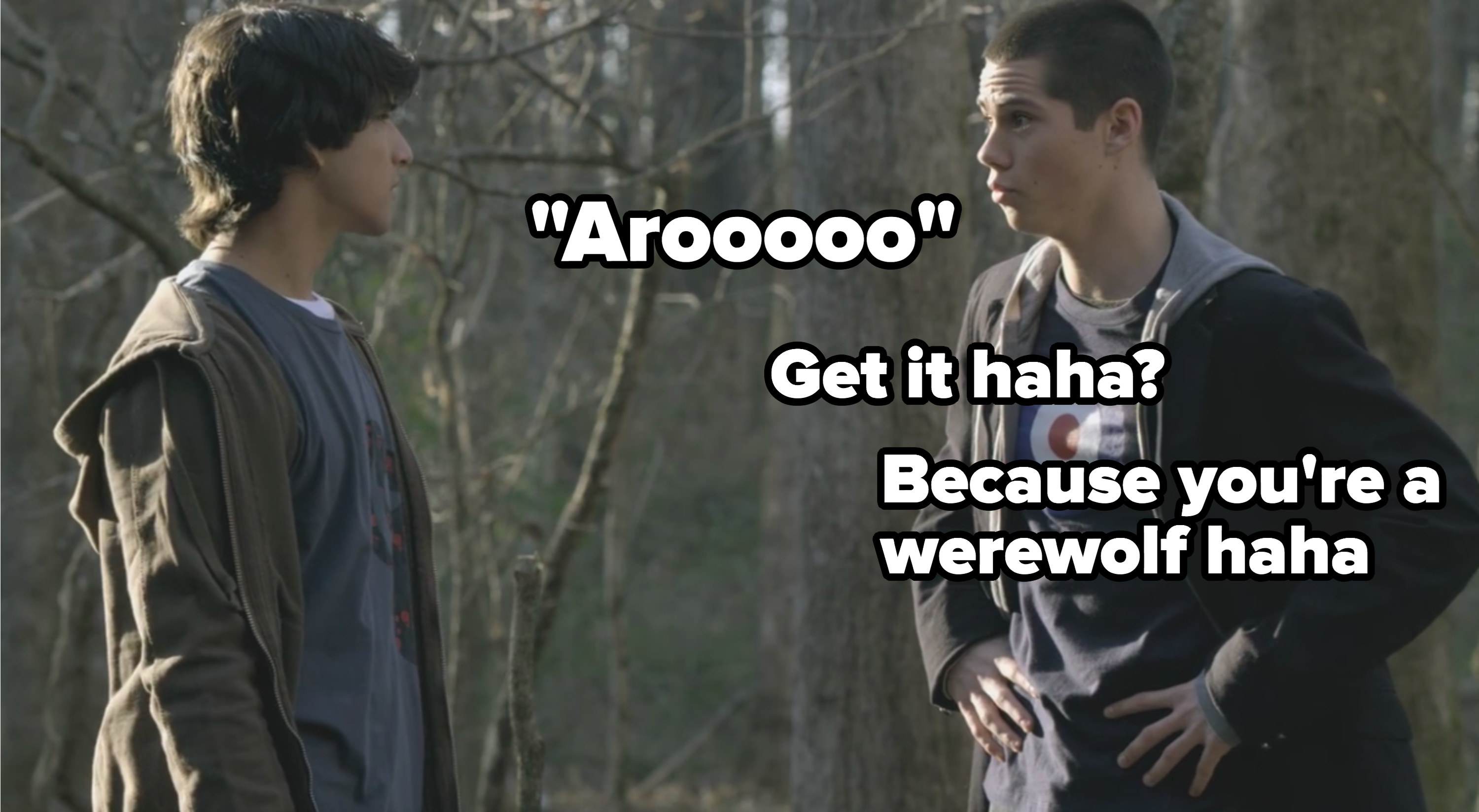 Scott and Stiles in the woods captioned, &quot;Aroo, get it haha? Because you&#x27;re a werewolf haha&quot;