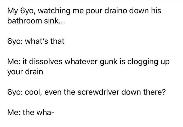 text reading my 6 year old watching me pour draino down his bahtroom sink whats that me it dissolves whatever gunk is clogging your drain 6 year old even the screwdriver down there