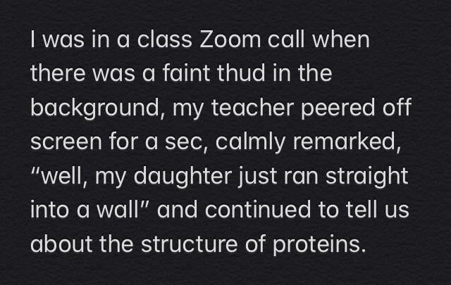 text reading i was in a class zoom call when there was a faint thud in the background my teacher peered off screen for a sec and calmy remarked my daughter just ran straight into a wall