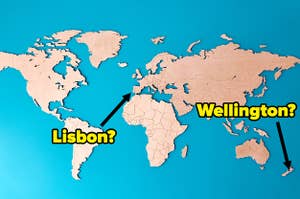 World map with arrows pointing to Lisbon and Wellington