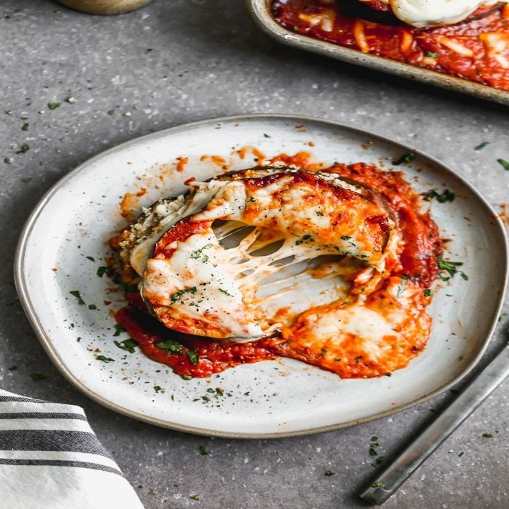 A cheesy eggplant parmesan stack.