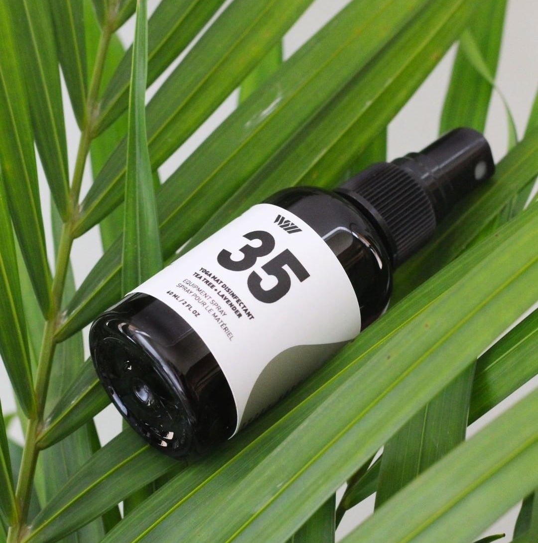 The bottle of spray on a palm leaf